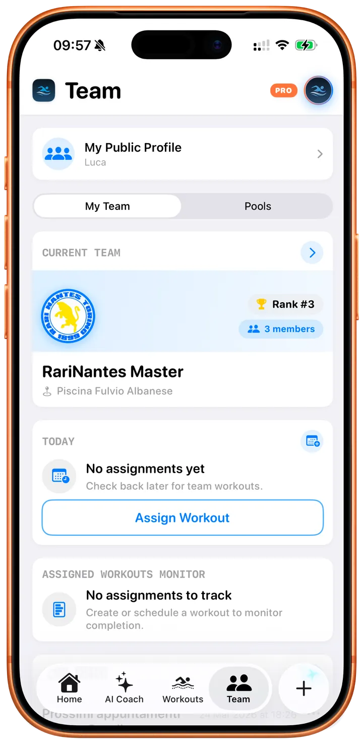 Swimio team board screen