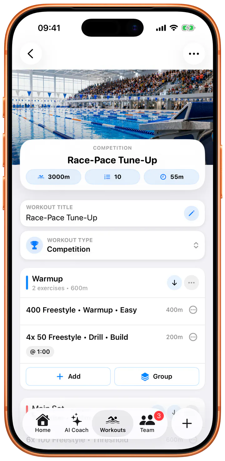 Structured workout builder in Swimio on iPhone