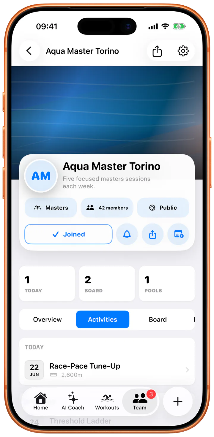Swimio shared team pool board screen