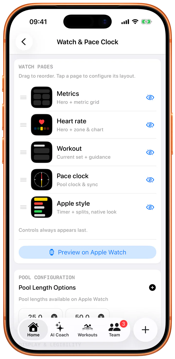 Swimio watch customization settings on iPhone