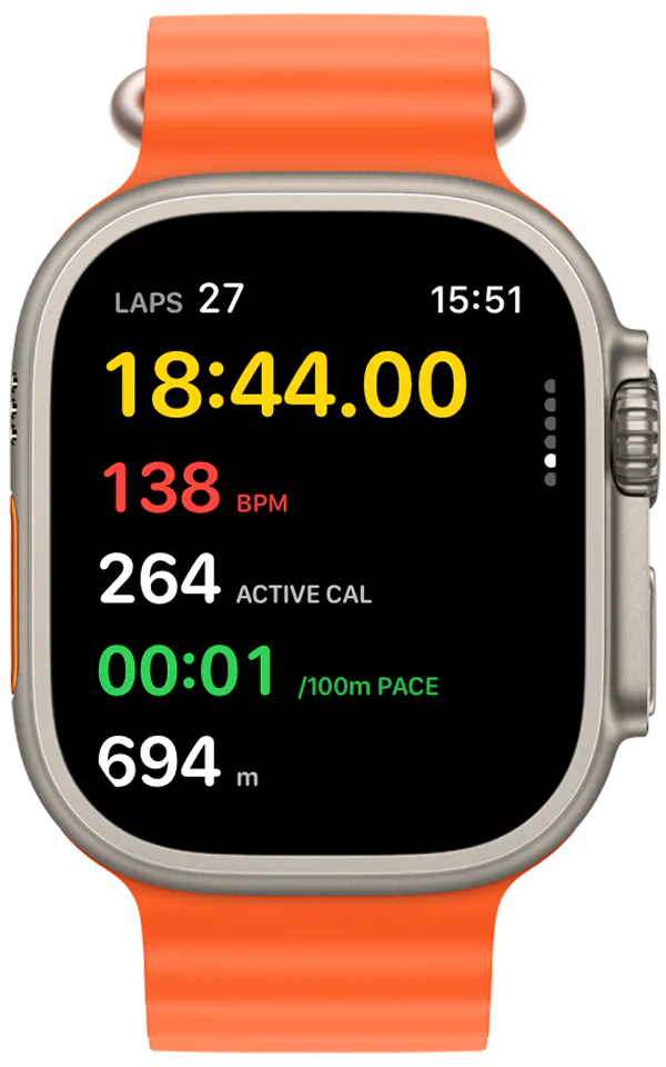 Apple-style swimming workout metrics in Swimio on Apple Watch