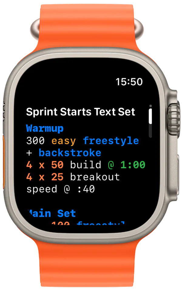 Coach-written text swim workout displayed on Apple Watch