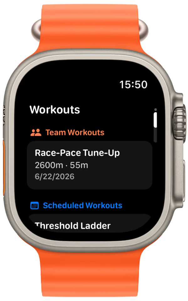 Team and scheduled swim workout list on Apple Watch